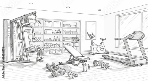 Sketch of a home gym equipped with modern fitness equipment and accessories