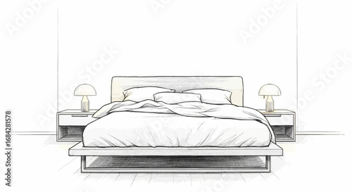 Sketch of a modern bedroom setup with a minimalistic design approach