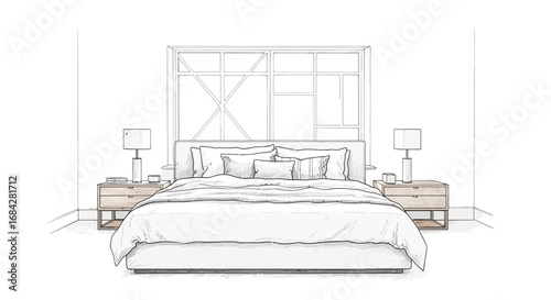 Sketch of a serene bedroom interior featuring natural light and minimalism