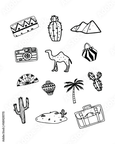 set of Desert Adventure collection set in hand drawn style