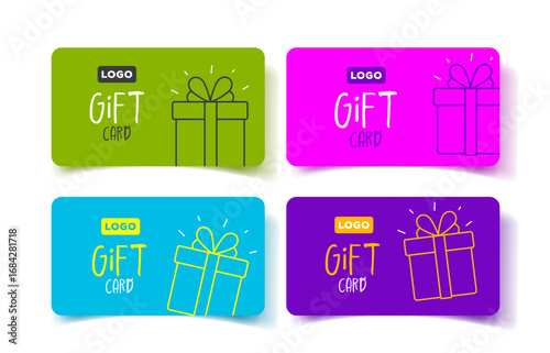 Set of bright colored gift cards, vouchers with line illustration of gift. Celebration, greeting, business, retail. Vector illustration.