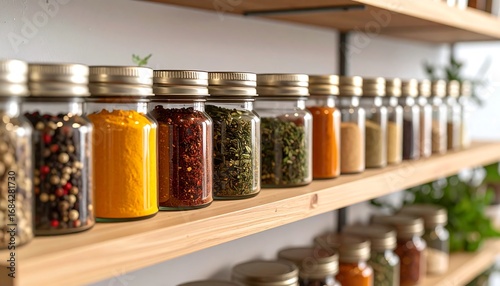 Rows of glass spice jars on wooden shelves