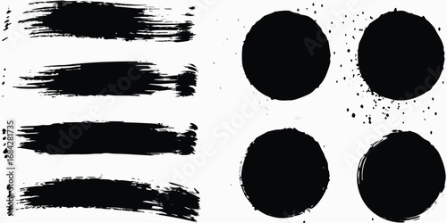 Collection of black ink brush strokes and distressed circular shapes on white background