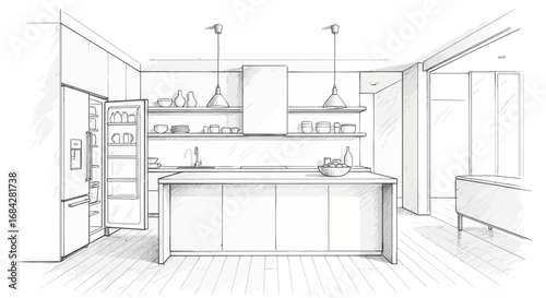 Sketch of an interior kitchen design featuring open fridge concept and island