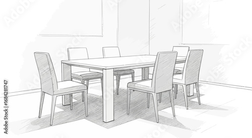 Sketch of modern dining room set with table and chairs illustration