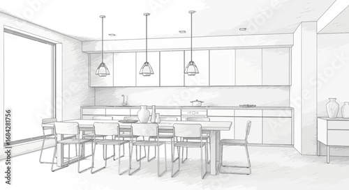 Sketch of Modern Kitchen and Dining Area with Natural Light Infiltration
