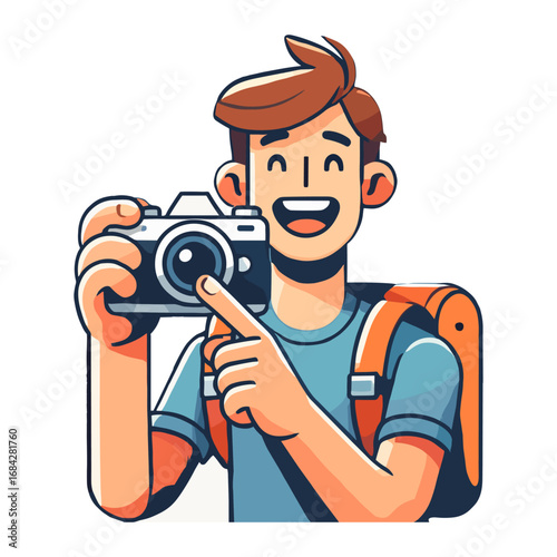 Cartoon Man with Backpack Smiling and Pointing at Camera in Flat Illustration