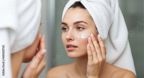 A woman with a towel on her head applies cream to her face in front of a mirror