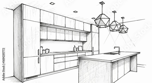 Sketch of modern kitchen interior with island and geometric pendant lights