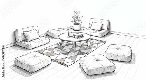 Sketch of serene living space with floor cushions and geometric rug design