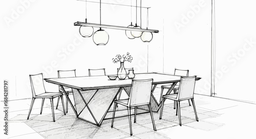Sketch style illustration of modern dining room with table and chairs