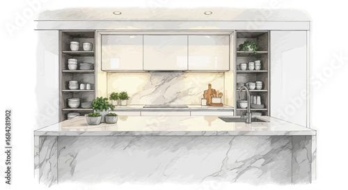 Stylish contemporary kitchen illustration showcasing a marble countertop