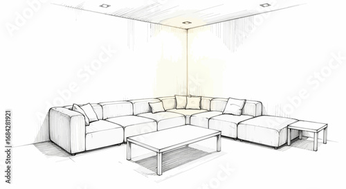Stylish interior design sketch featuring a modern modular sofa and furniture