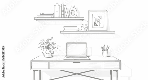 Stylish minimalist desk sketch, perfect for creative workspaces and design themes