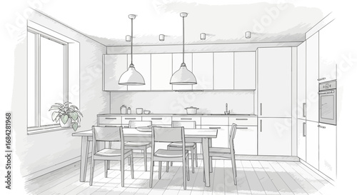 Stylized architectural sketch of modern dining space adjacent to kitchen