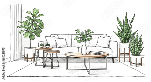 Stylized interior illustration featuring a minimalist living room setting