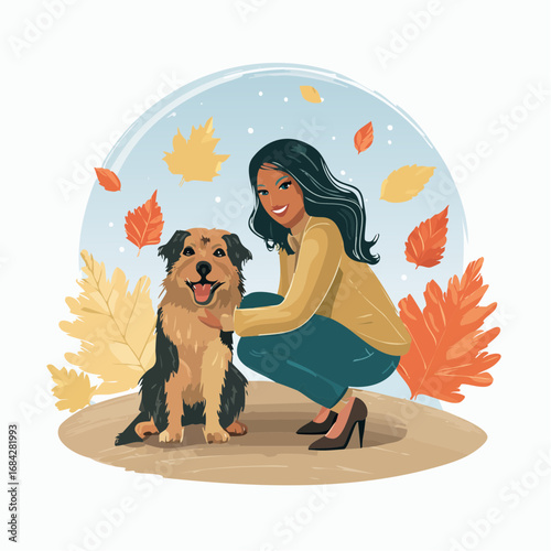 The Autumn Path. A beautiful, ultra-realistic photograph of a young woman and her dog on a path covered in colorful autumn leaves.
