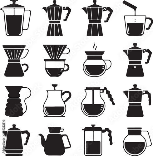 Assorted coffee brewing equipment and coffee pots icons Keywords: french press, moka pot, pour