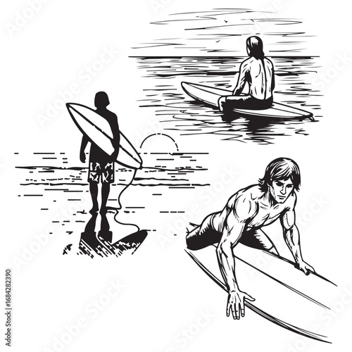 Collection of sketches of the surfers hand drawn vector illustration