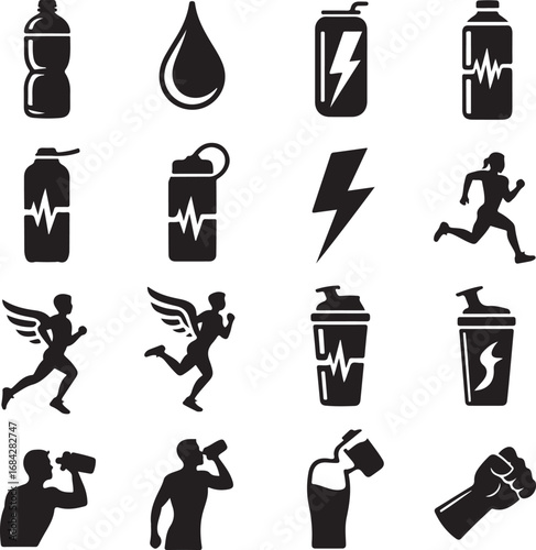 Set of black and white icons for sports drinks and fitness energy drink water bottle