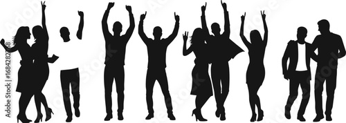Silhouette Group of People Celebrating, Dancing, Raising Hands, Having Fun, Party Vibes, Social Gathering, Joyful Moments, Vector Illustration