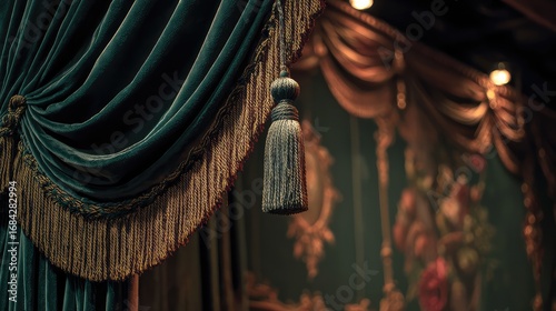 Deep emerald green velvet curtains with green tassels