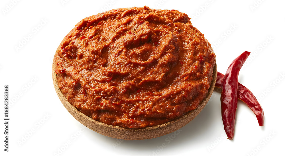 Obraz premium Delicious and spicy chili paste in a wooden bowl, perfect for enhancing your favorite dishes or serving as a condiment.