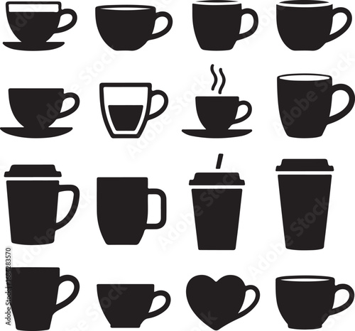 Assortment of black silhouette coffee cups and mugs on white background hot drink beverage