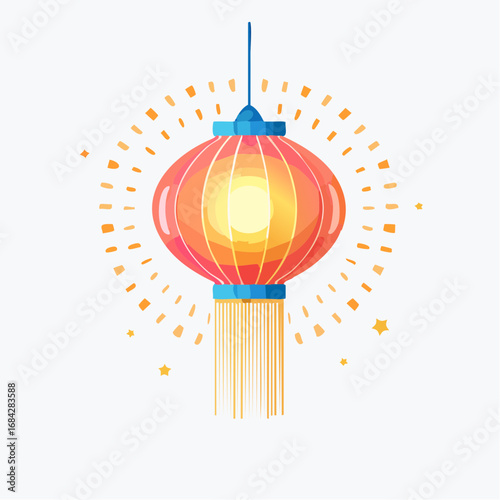 Flat Vector Illustration of a Glowing Chinese Lantern with Tassel, Festival and Tradition Concept