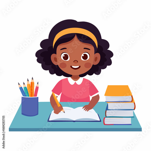Flat Vector Illustration of a Smiling Girl Learning and Writing with Books, Education and Knowledge Theme