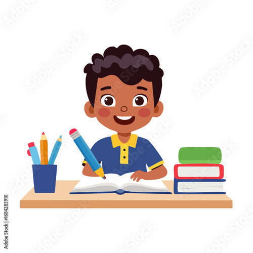 Flat Vector Illustration of a Happy Boy Studying with Books and Pencil,