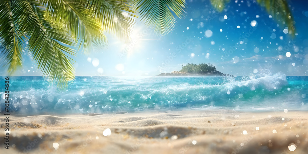 Fototapeta premium Breathtaking tropical beach scene with palm trees, sparkling waves, and an island in the background under a radiant sunlight.