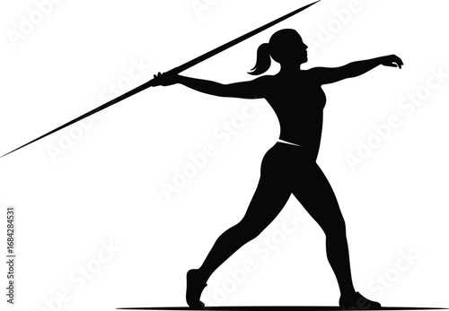 Silhouette of female athlete preparing to throw javelin, track and field sport, strength, power, training, competition, fitness, athleticism, dynamic pose.