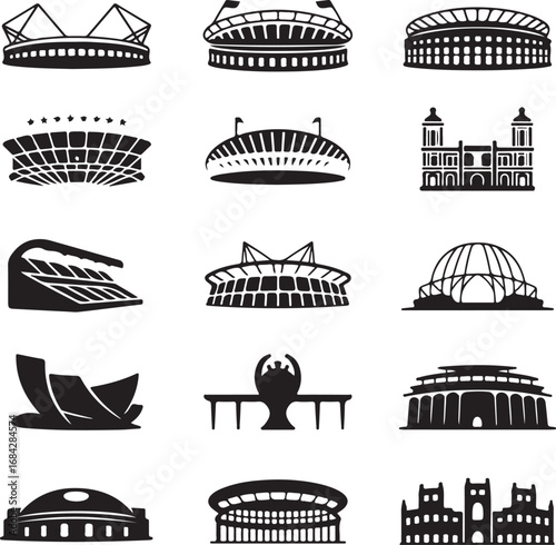 Collection of stadium and arena architectural building icons Keywords: stadium, arena, sports