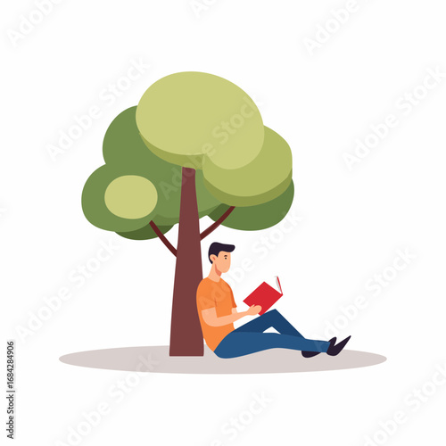 Flat Vector Illustration of a Man Reading a Book Under a Tree, Simple Design, Isolated on White Background