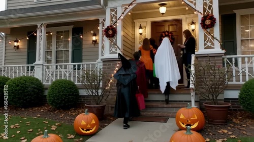Joyful kids in costumes trick-or-treating at a decorated house on Halloween evening