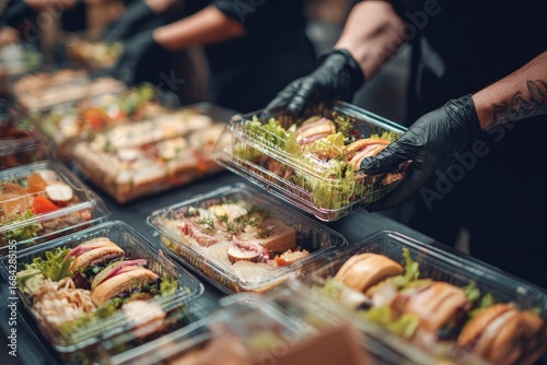 Workers in a commercial kitchen preparing healthy takeaway meals in plastic containers for delivery.