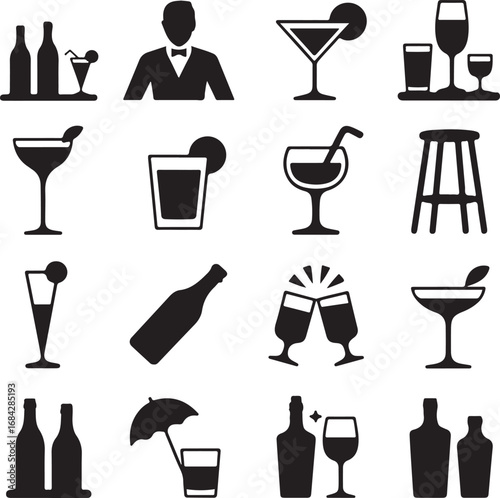Collection of bar and drink icons with cocktails bartender and bottles beverage
