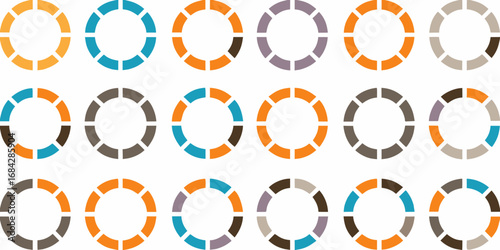 Collection of circular segmented infographic elements in various color combinations