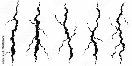 Collection of five black silhouette cracked lines on a white background