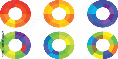 Six colorful circular segmented graphics with gradient color palettes on a white background