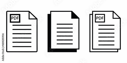Three simple black and white icons representing pdf documents and files on a white background