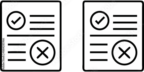 Simple icon representing a document with a checkmark and a cross symbol indicating approval and rejection