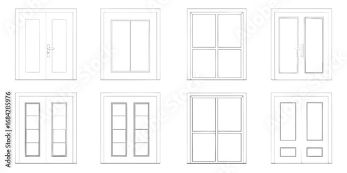 Collection of architectural line drawings of various doors and windows with different panel configurations