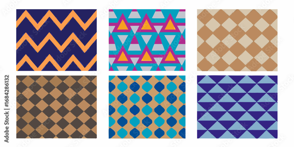 Fototapeta premium Collection of six distinct geometric patterns in various color palettes and shapes