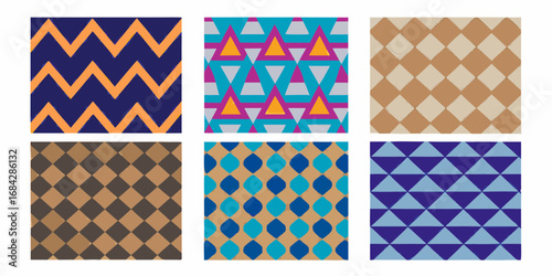 Collection of six distinct geometric patterns in various color palettes and shapes