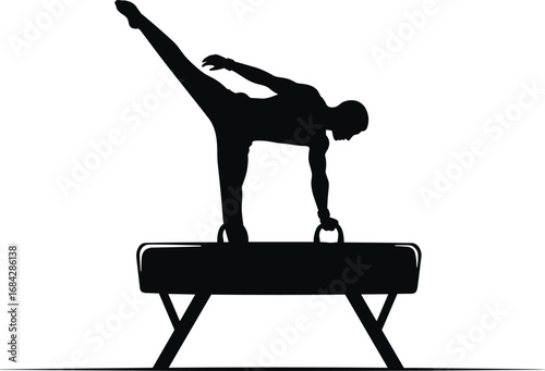 Silhouette of male gymnast performing balance pose on pommel horse, artistic gymnastics, strength, flexibility, skill, sports, fitness, athletic training.