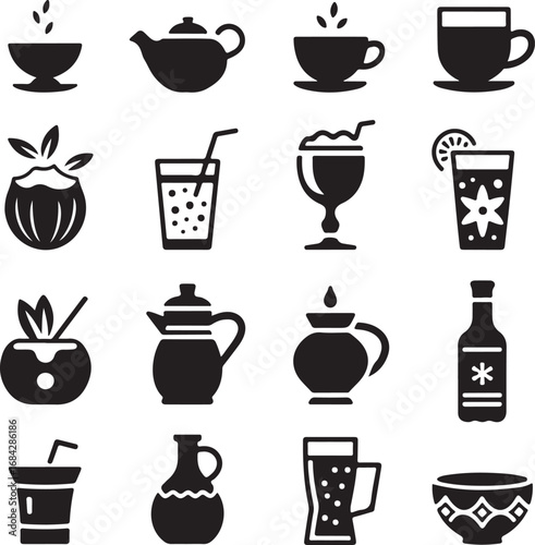 Sixteen black silhouette icons of various drinks and drinkware beverage glass