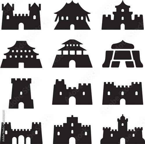 Nine black silhouette icons of different historical castles and fortresses architecture building