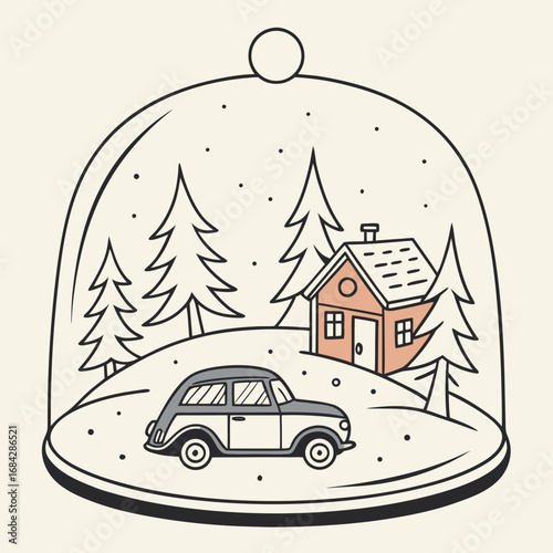 Vector art of vintage car and house in snow globe vector illustration for christmas holiday decoration and new year celebration